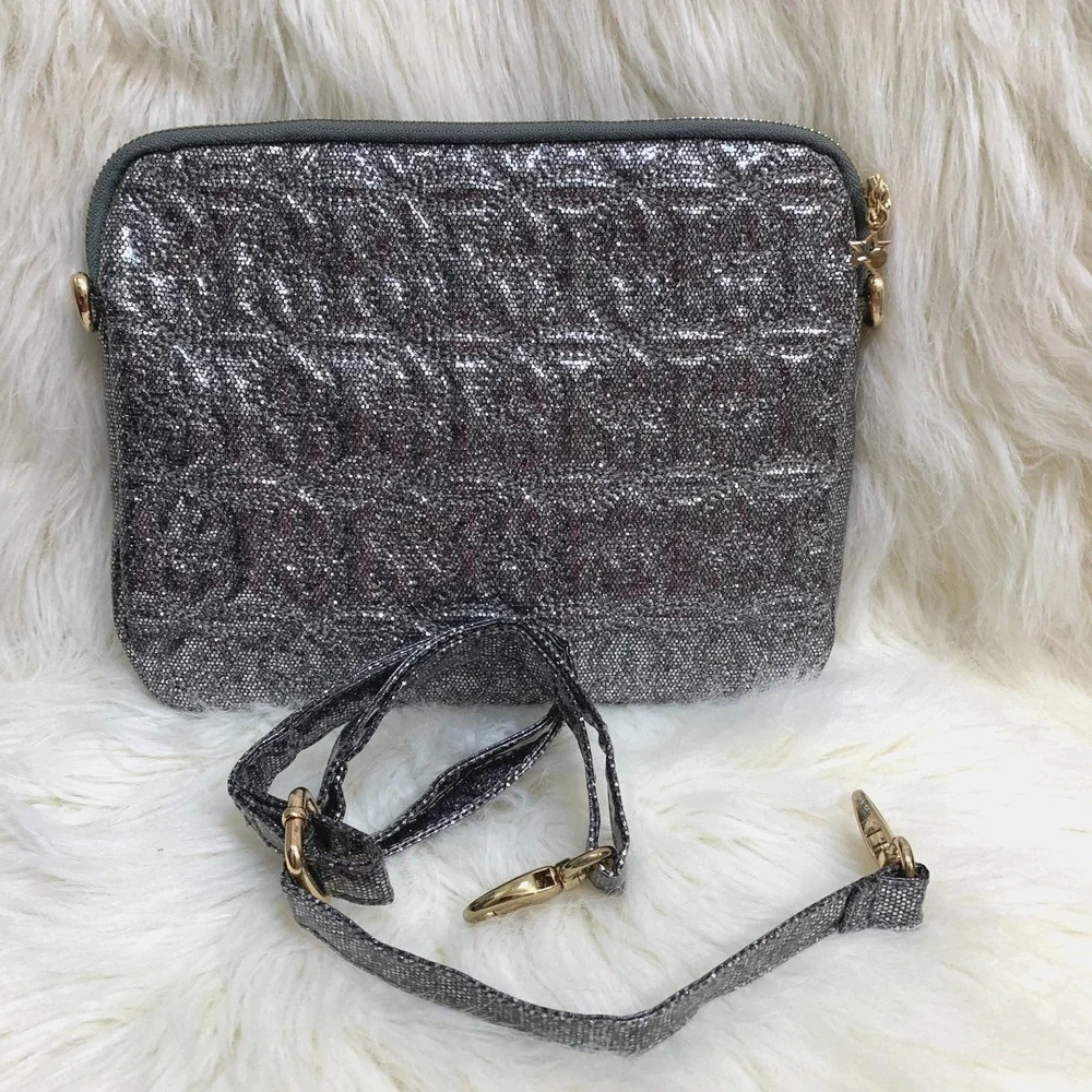 DEUX LUX Metallic Silver Glittery Embossed Zip IPAD Tablet Case with XBody Strap